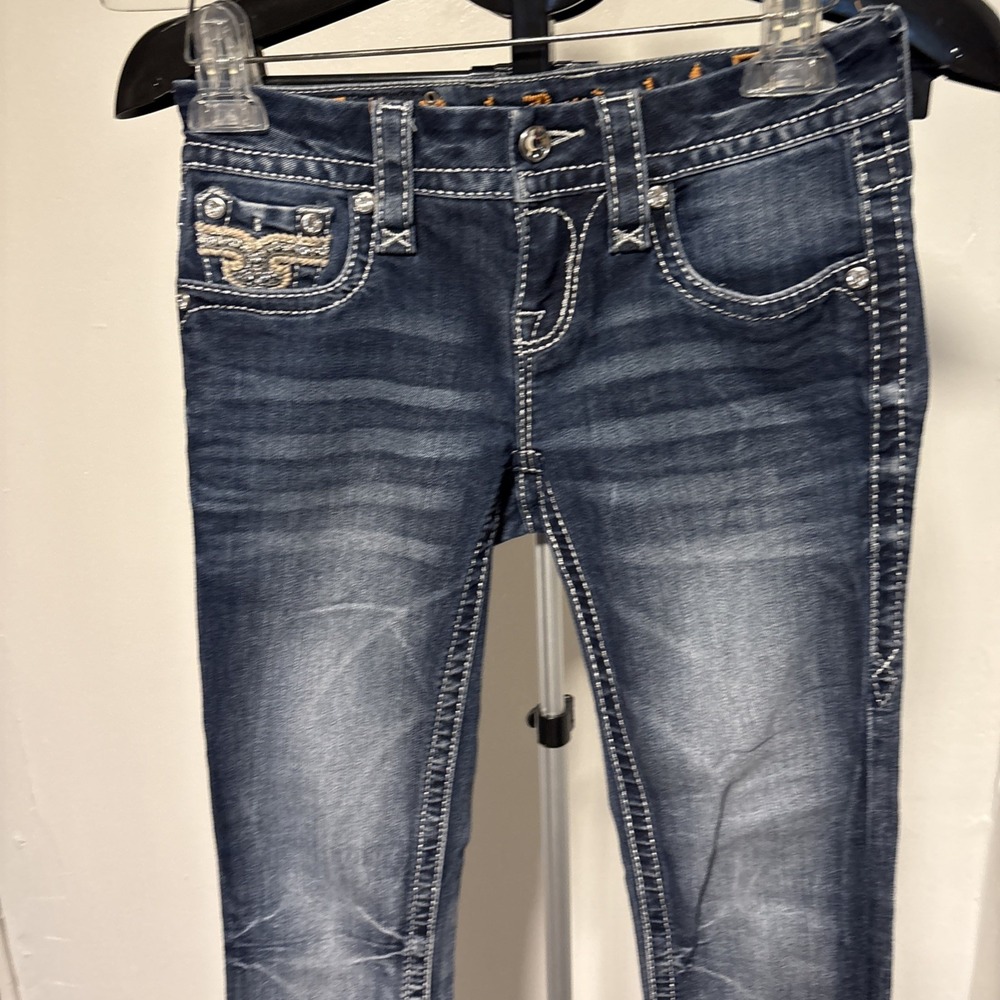 Rock Revival Betty Women's Sz 24 Stra Cut Dark Wash Jeans Embellished Distressed - Picture 8 of 12